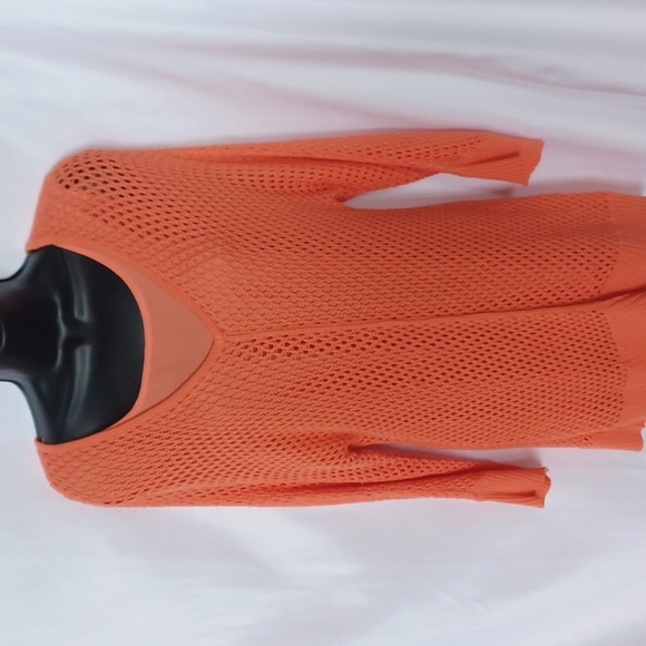 Chico's Dark Coral Open Knit See Through 3/4 Sleeve Tunic Sweater w liner Sz 1 M - Picture 1 of 6